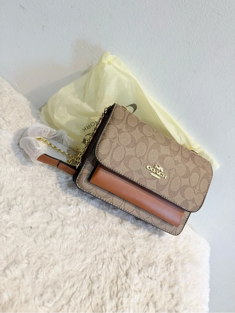 Coach Tan Signature Canvas Crossbody with Gold Chain